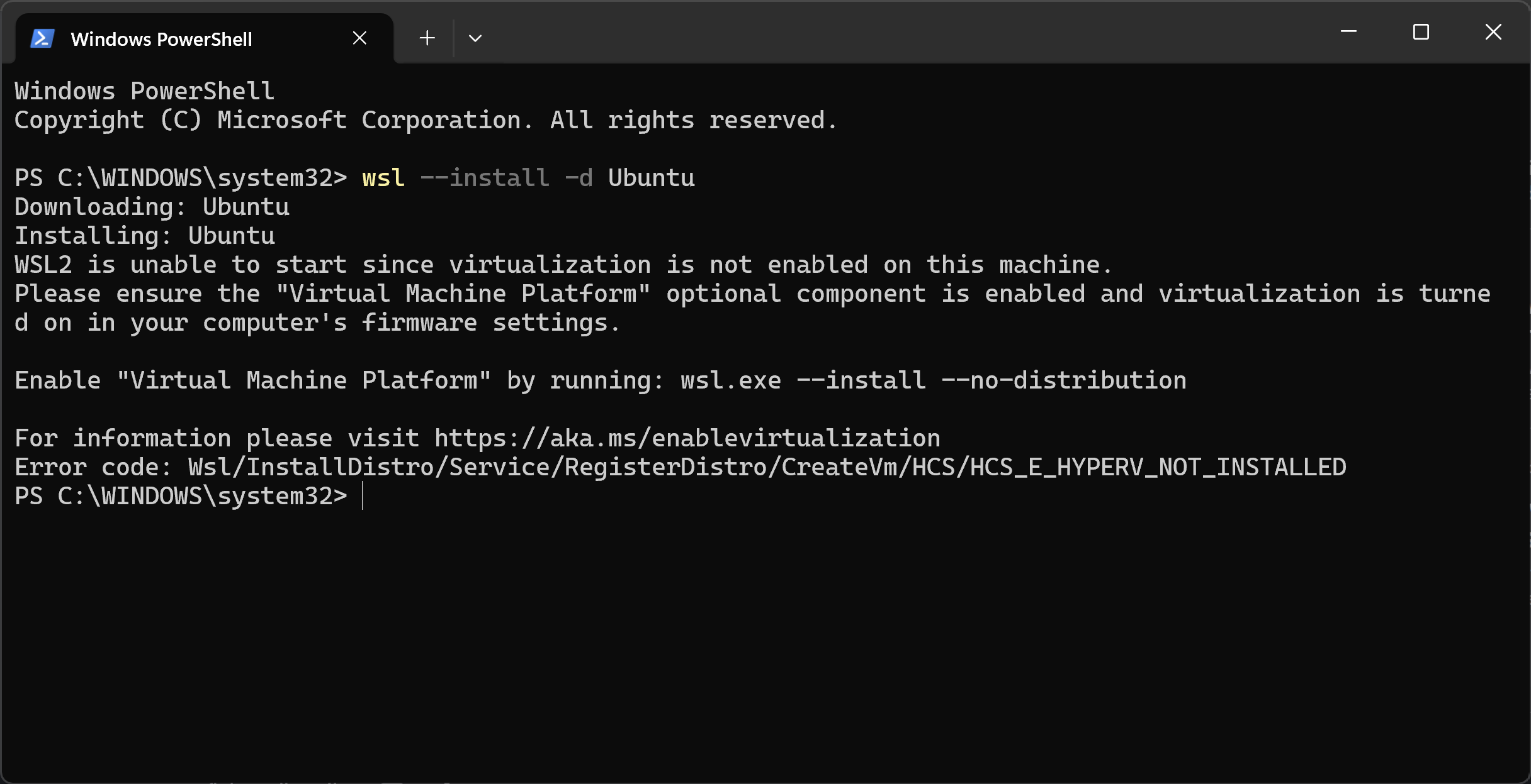 The WSL failing to start for lack of virtualization