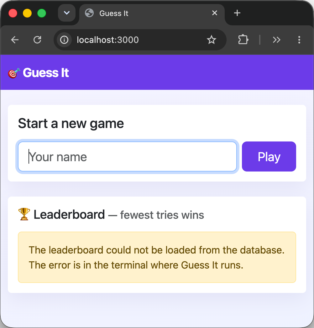 Guess It home page with broken leaderboard