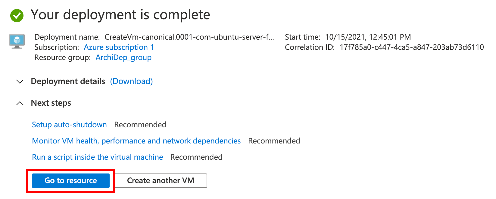 Azure: VM deployment complete