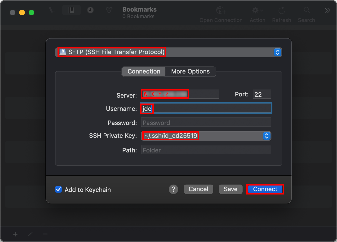 Cyberduck’s connection window, configured for the server