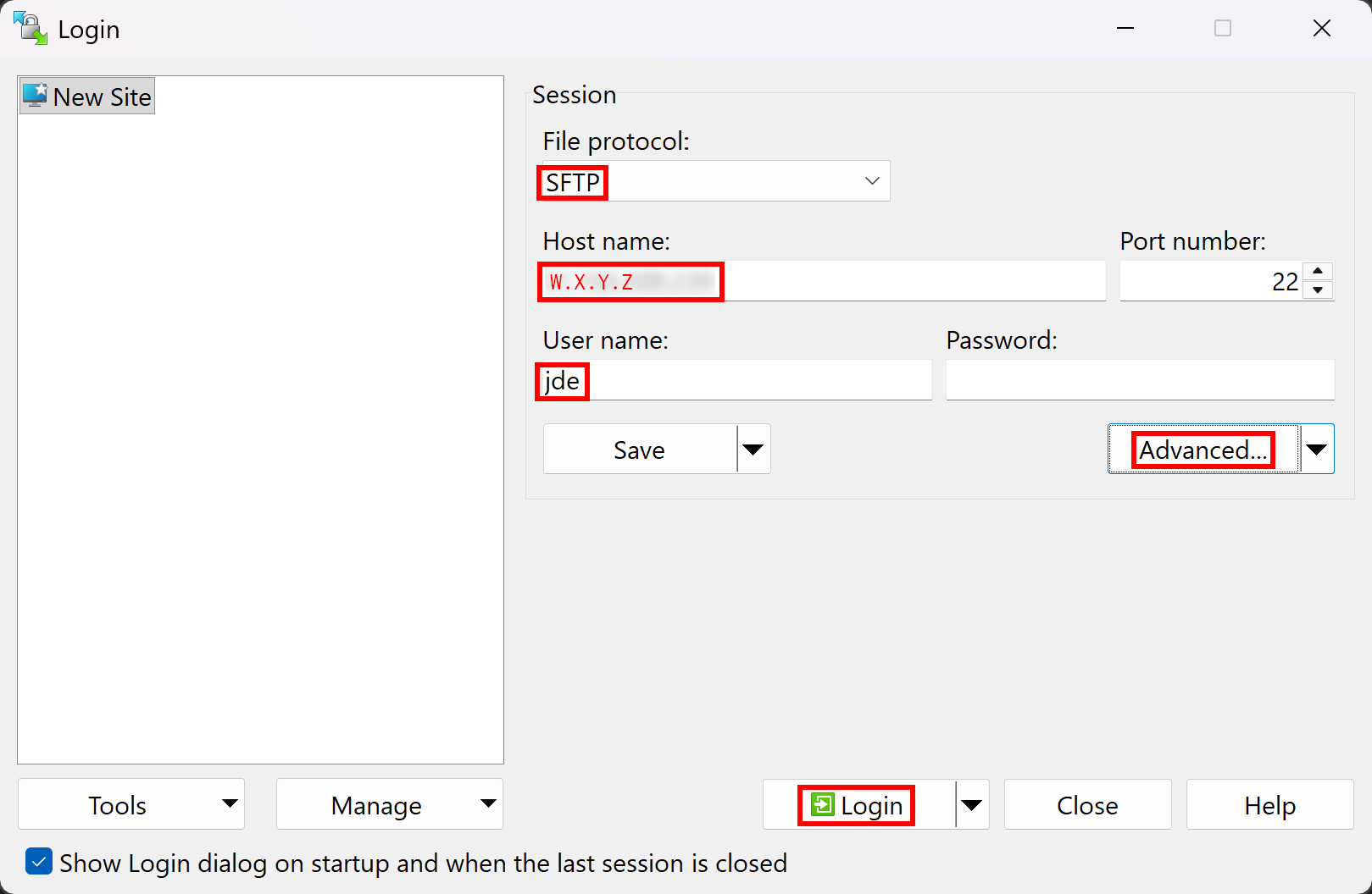 WinSCP’s login window, configured for the server