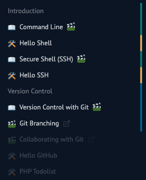 The sidebar, showing chapters that have been covered, have work due, come next and have not been reached yet