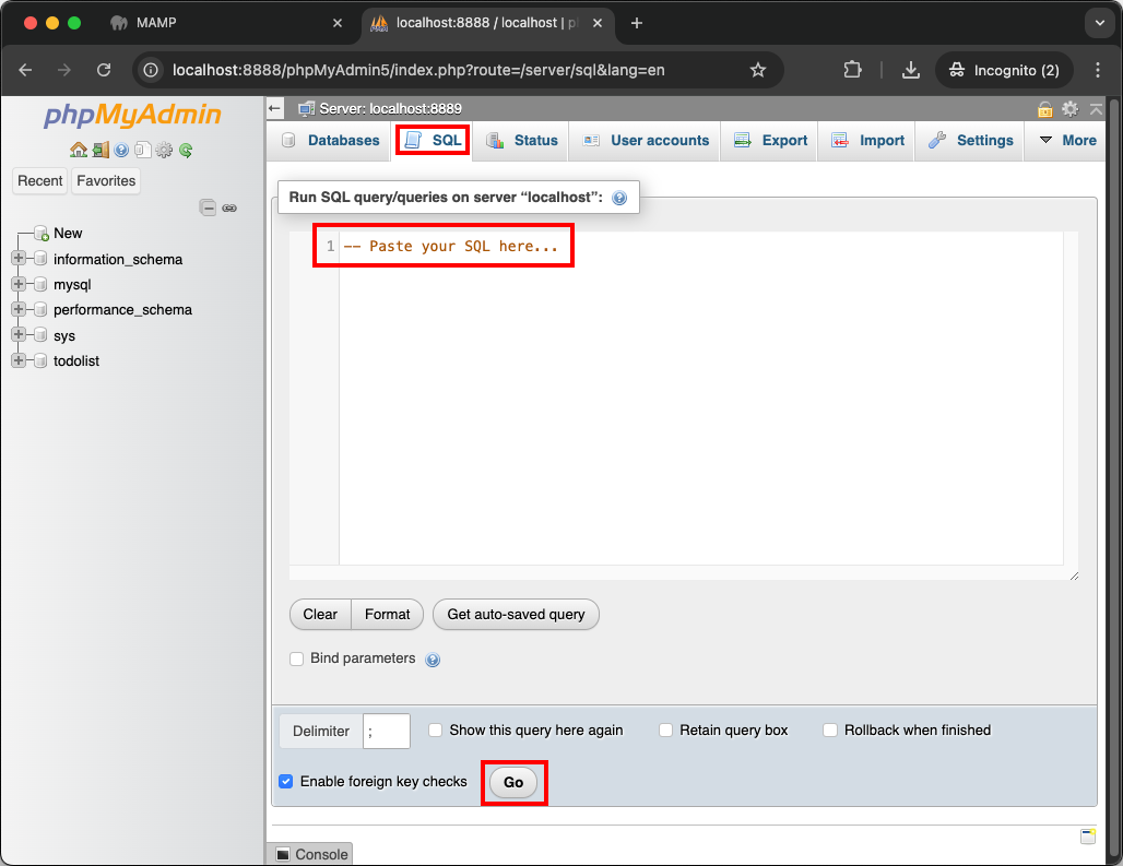 MAMP SQL in phpMyAdmin
