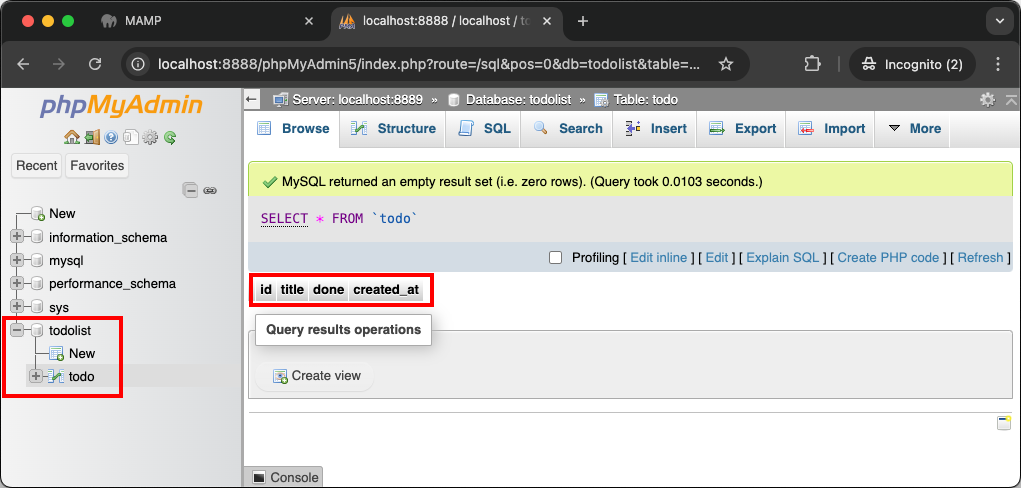 MAMP todolist database