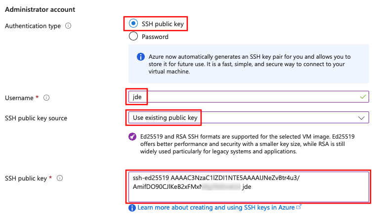 Azure: VM SSH admin settings