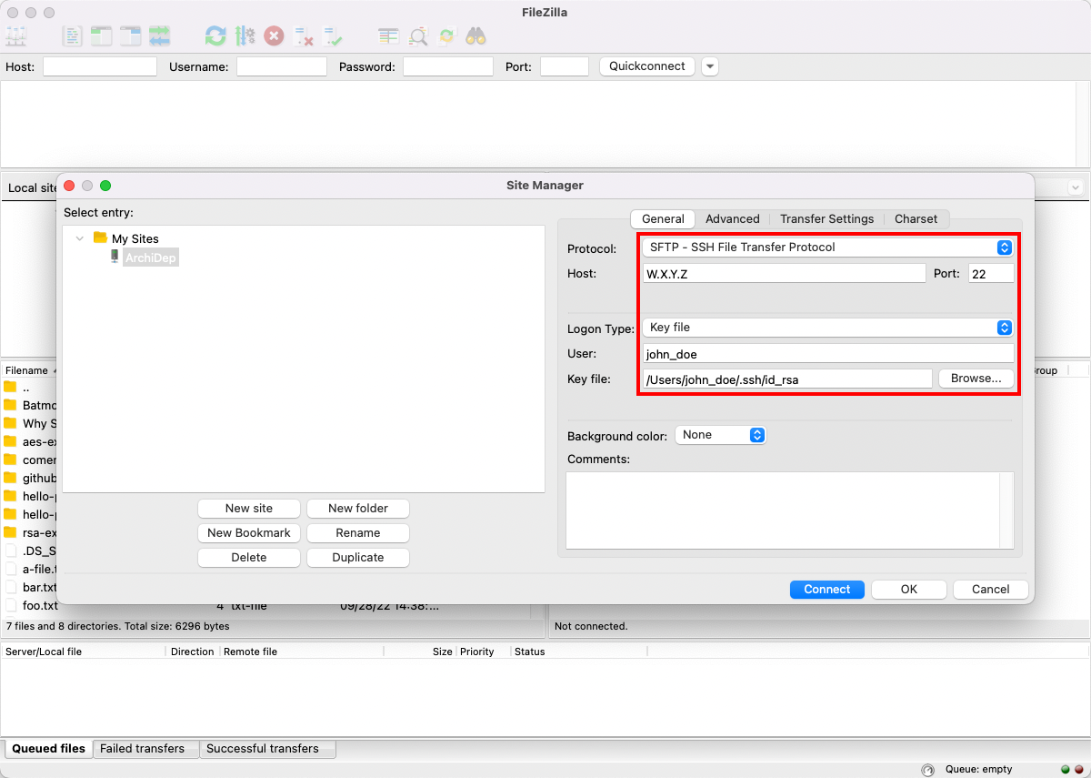 Filezilla: SFTP configuration