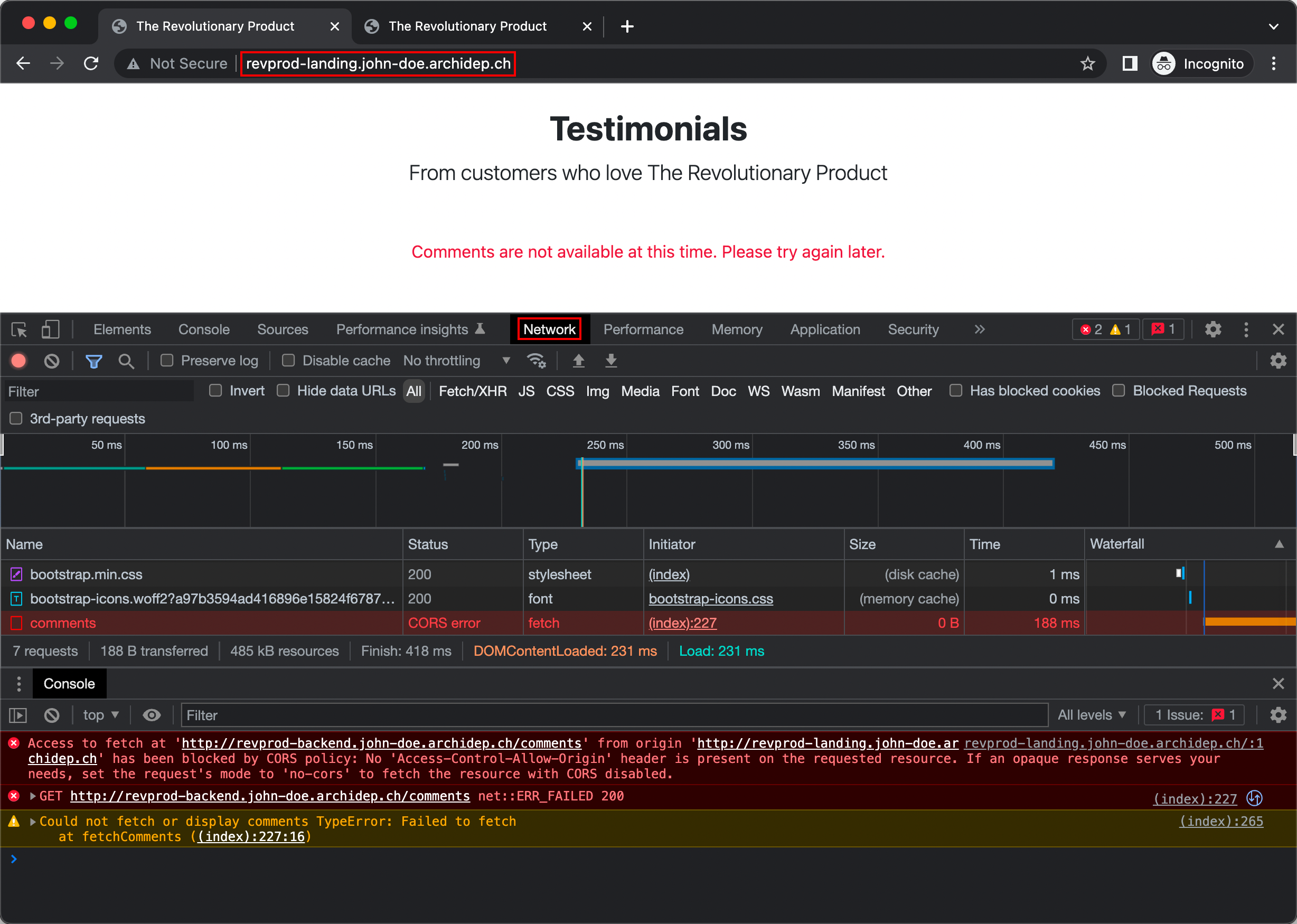 Revprod SOP error in the developer console