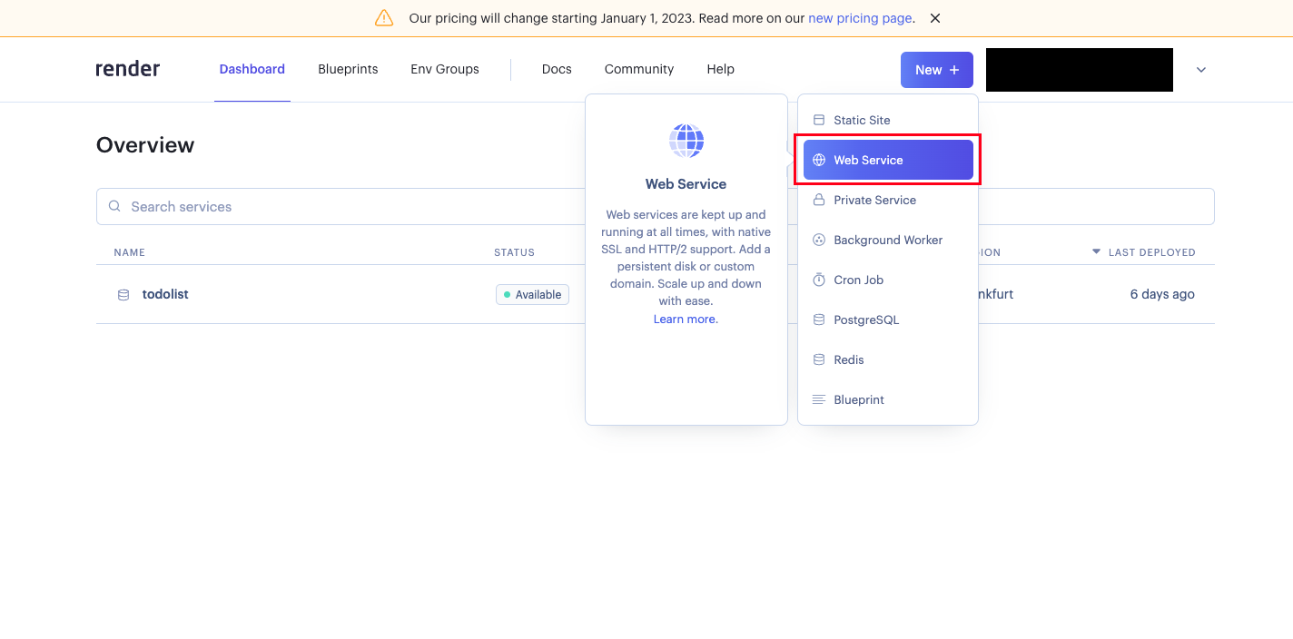 Create a new Render web service