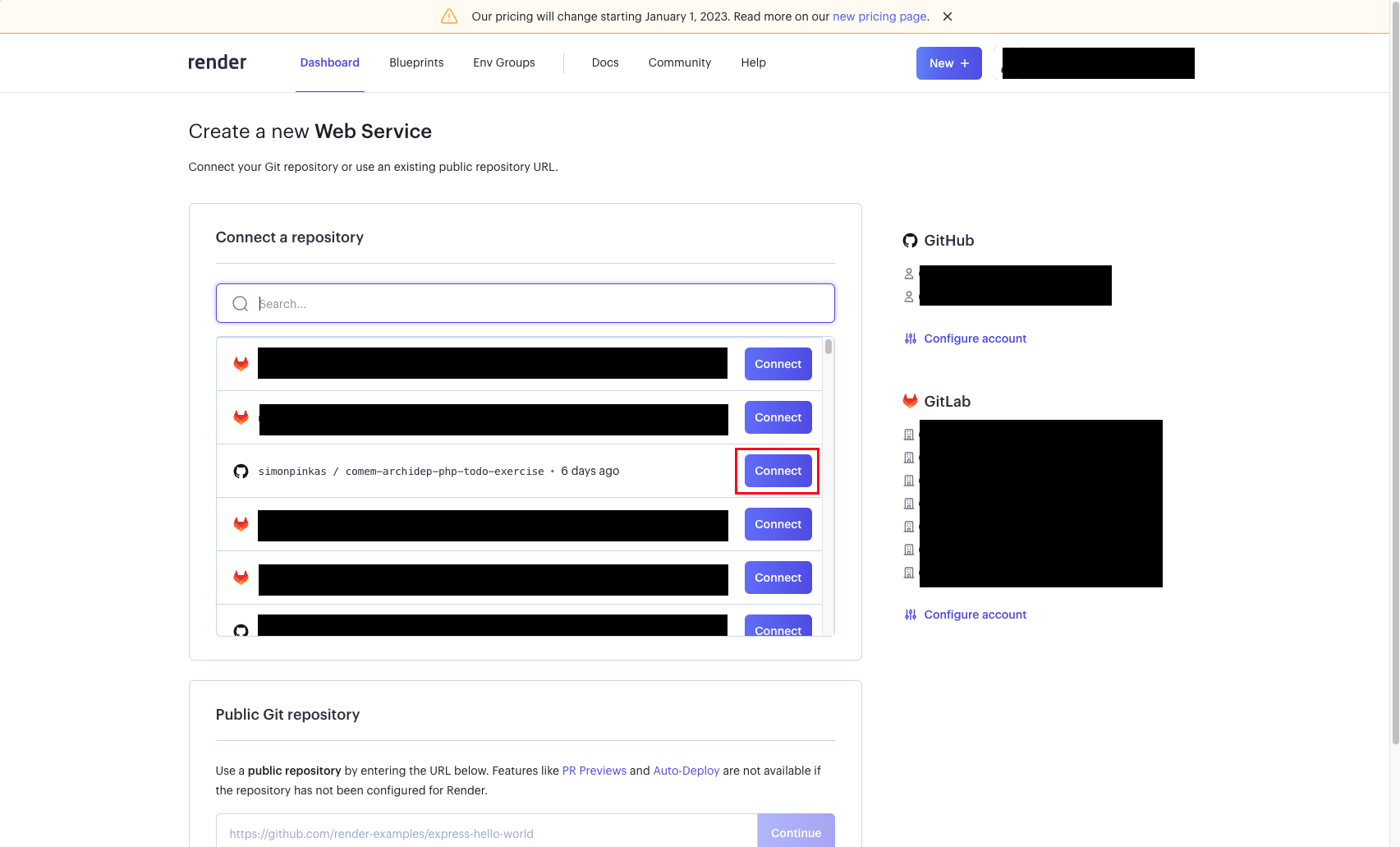 Connect GitHub repository to Render