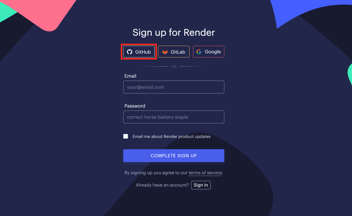 Create a new Render account